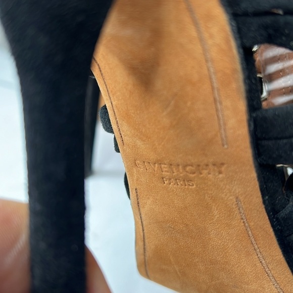 Givenchy Sz 38.5 Black Suede High Heel Peep Toe Strappy Back Zip Sandals Booties - Picture 5 of 11